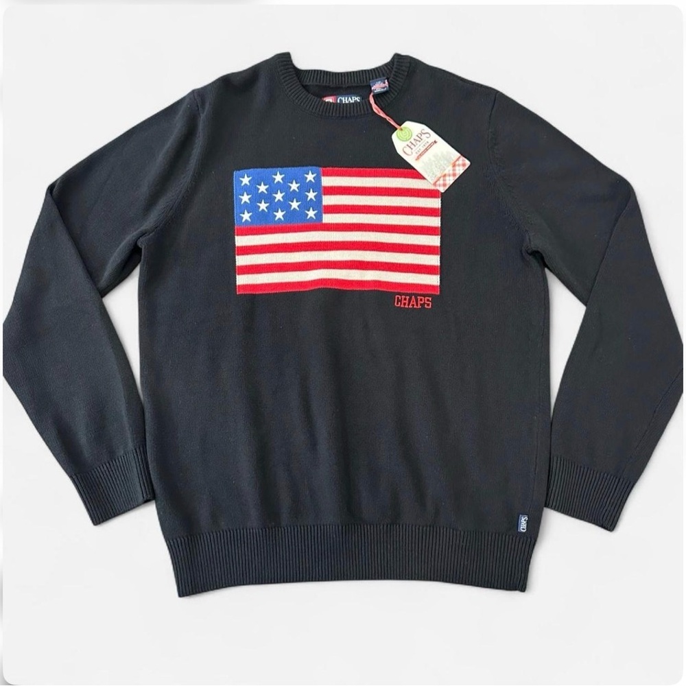 Chaps Black USA American Flag Knit Sweater Large NWT Americana Preppy Patriotic
